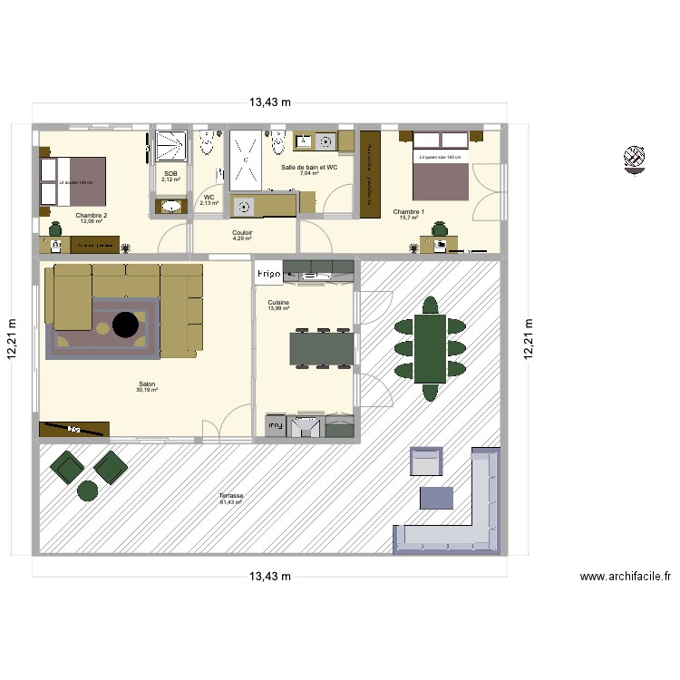 T3 + Terrasse en L JFB. Plan de 9 pièces et 149 m2