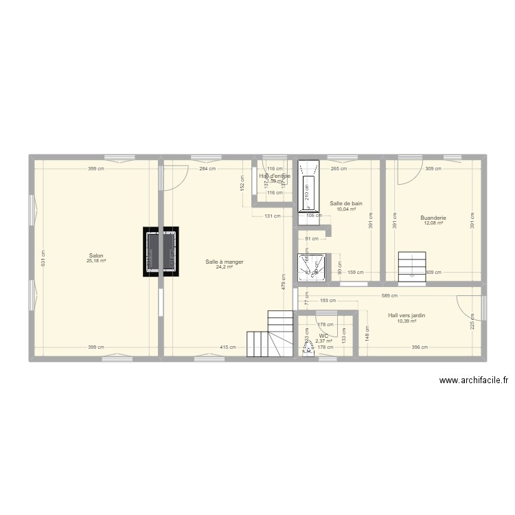 Plan fermette rez avec cotes. Plan de 7 pièces et 86 m2