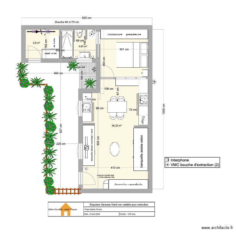 T2 Pioche / cuisine version 2. Plan de 3 pièces et 44 m2