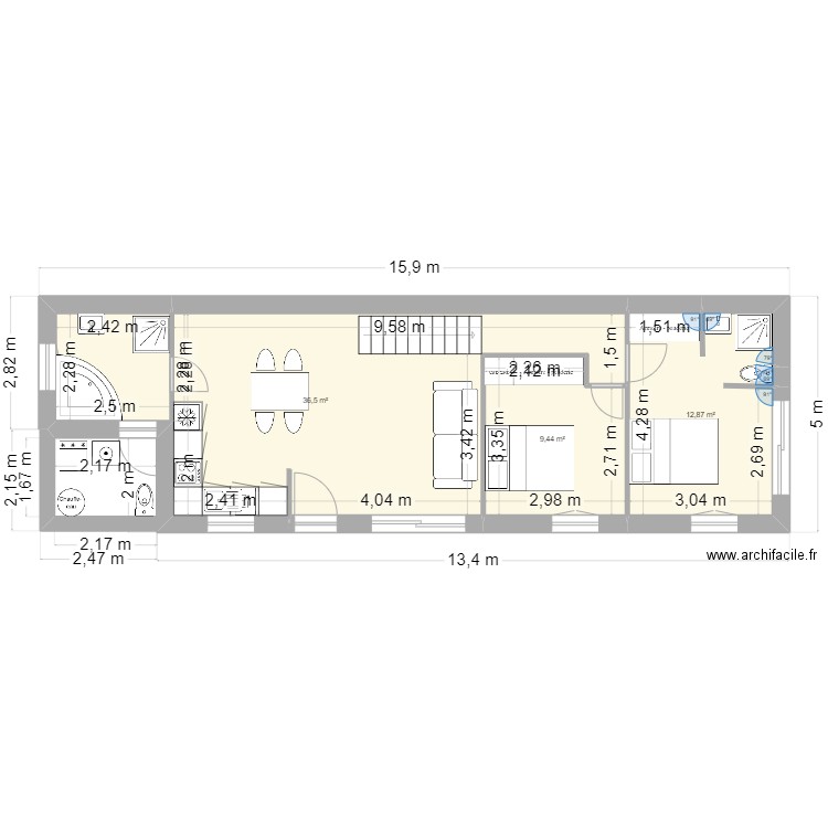 Thierry NOUVEAU. Plan de 3 pièces et 59 m2