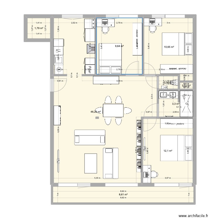 Saule 6. Plan de 9 pièces et 94 m2