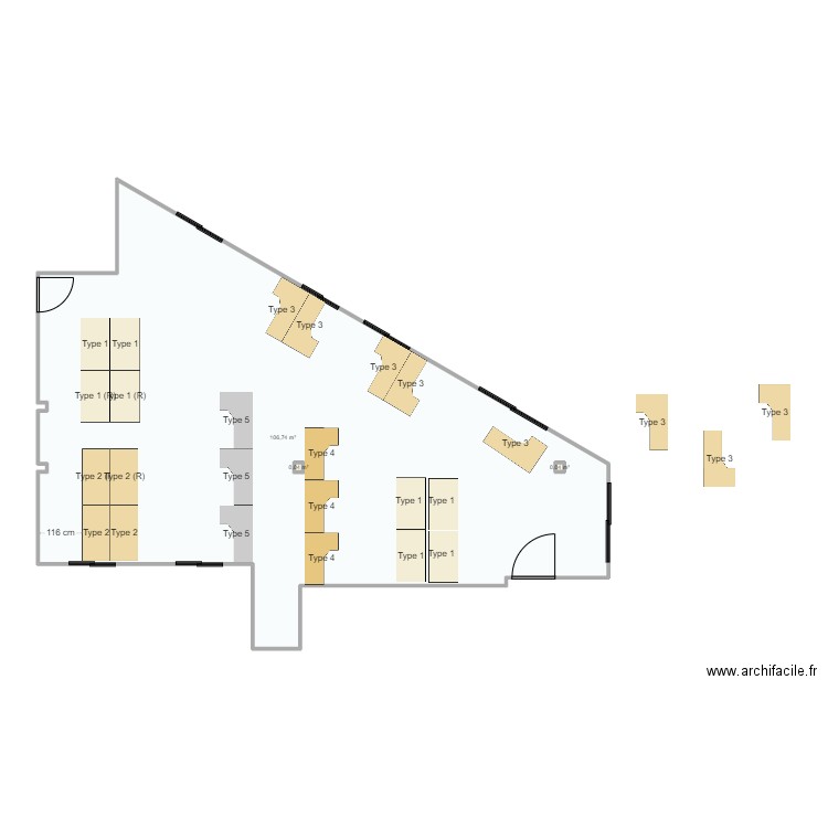 plan avec tables actuelles 1.0. Plan de 3 pièces et 107 m2