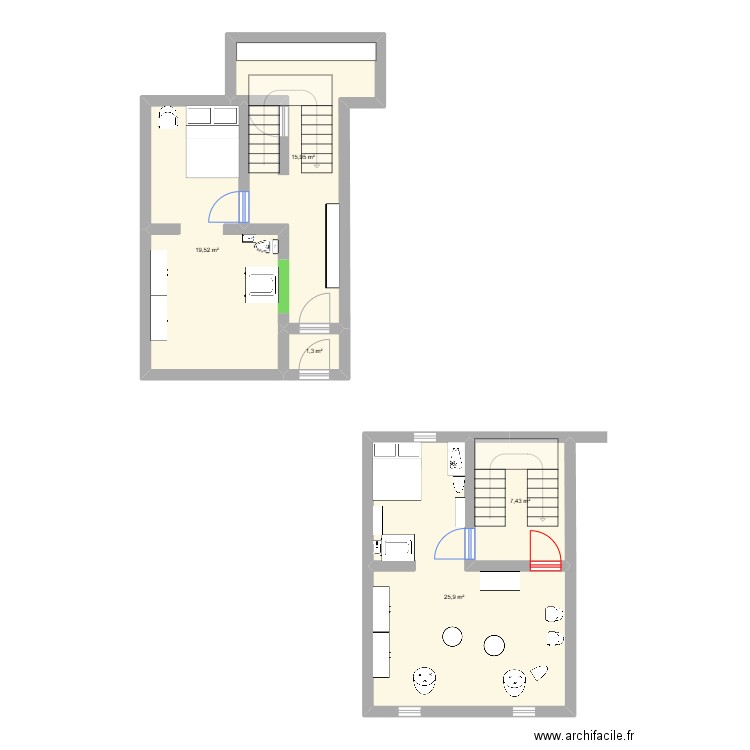 Rez de chaussée stage. Plan de 5 pièces et 70 m2