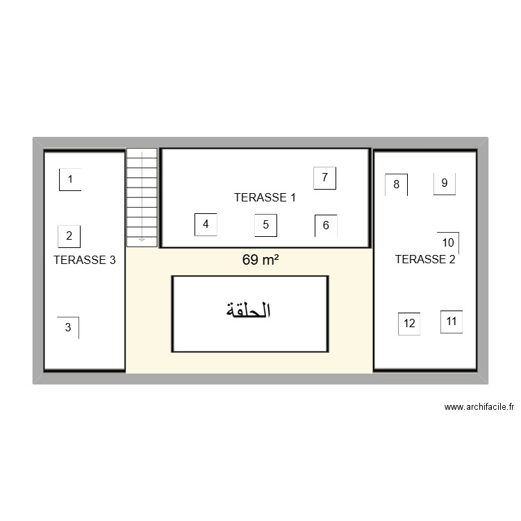 salle. Plan de 1 pièce et 69 m2