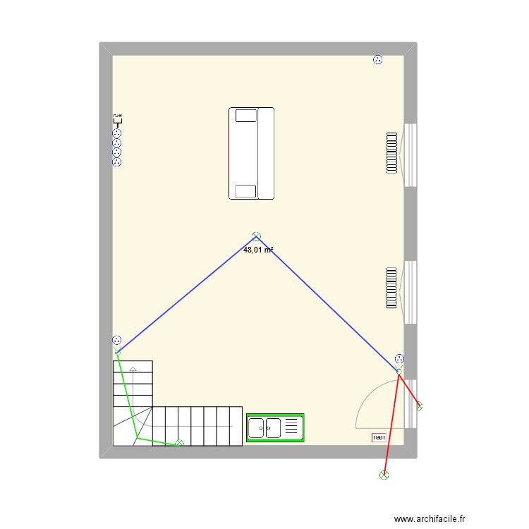 Plan RDC. Plan de 1 pièce et 48 m2