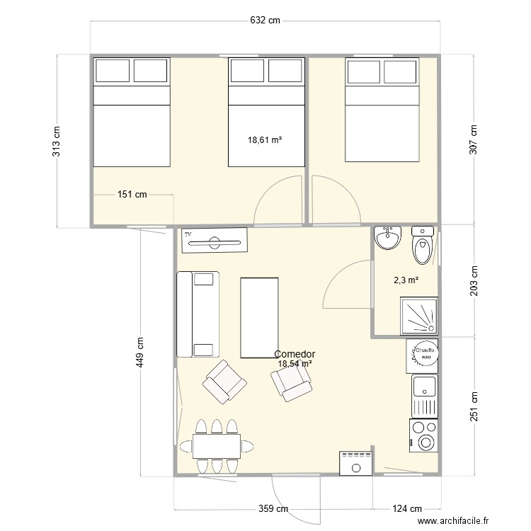 Casa Madera . Plan de 3 pièces et 39 m2