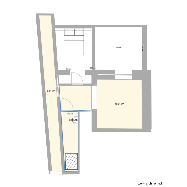 chambre au rdc. Plan de 3 pièces et 28 m2