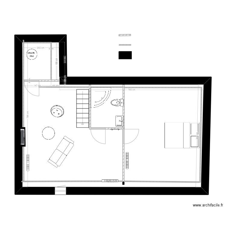 RDZ. Plan de 1 pièce et 59 m2