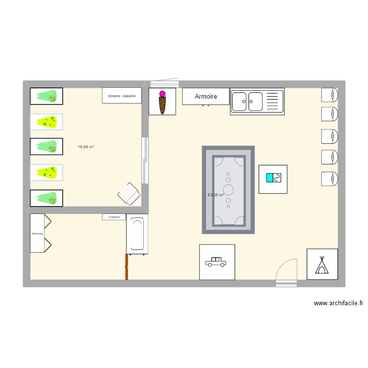 plan poup. Plan de 2 pièces et 82 m2