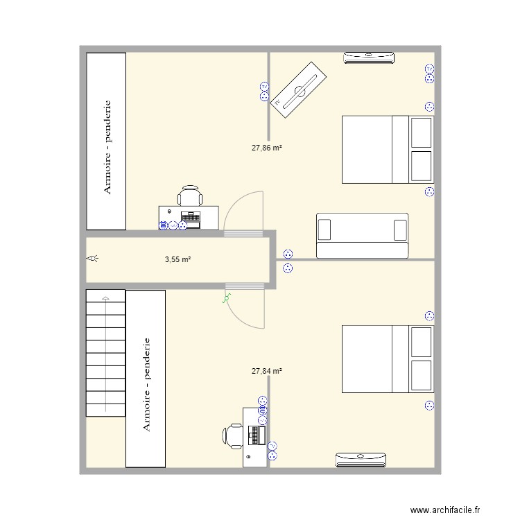 etage chambre enfant projet. Plan de 3 pièces et 59 m2