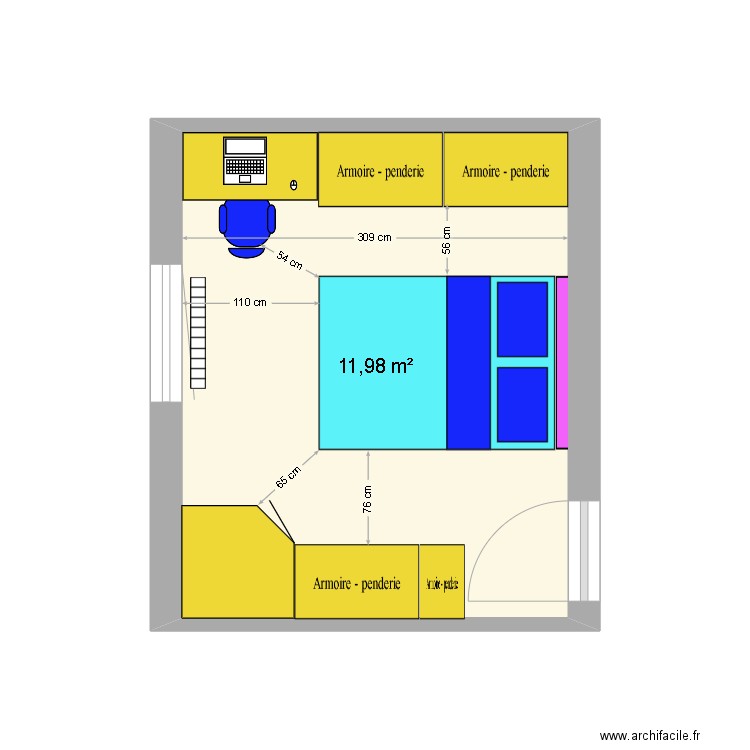 chambre. Plan de 1 pièce et 12 m2