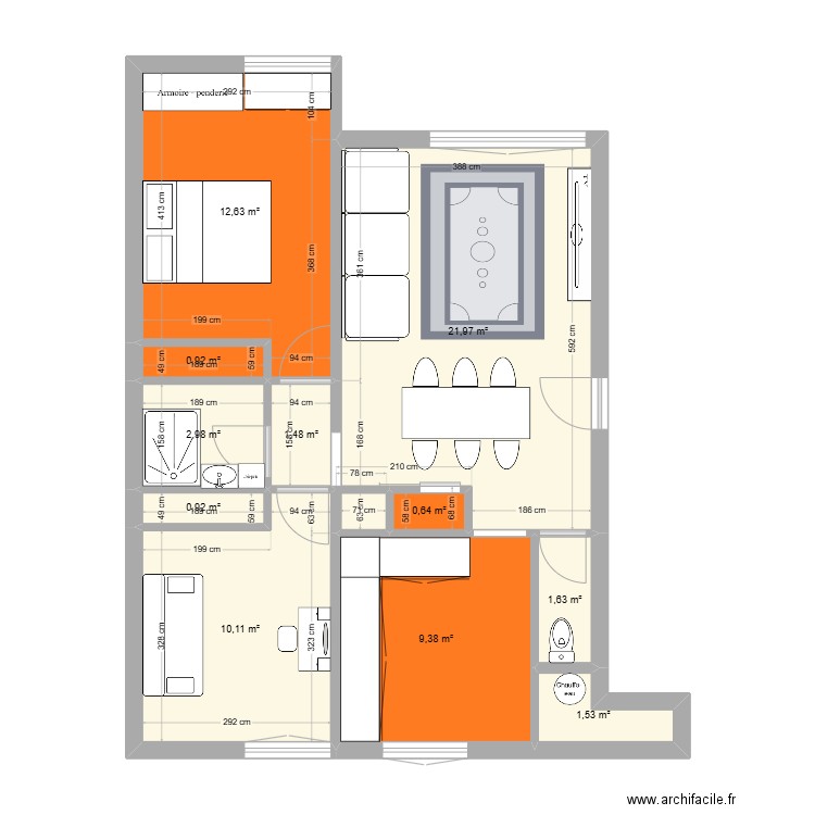 1DL. Plan de 11 pièces et 64 m2