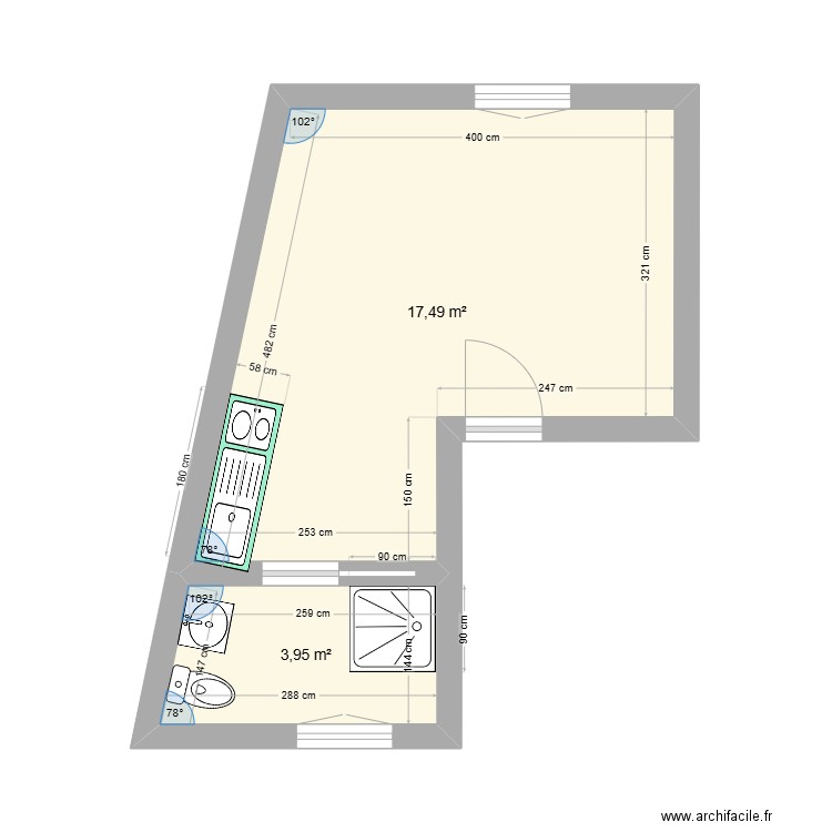 STUDIO DAMMARTIN. Plan de 2 pièces et 21 m2