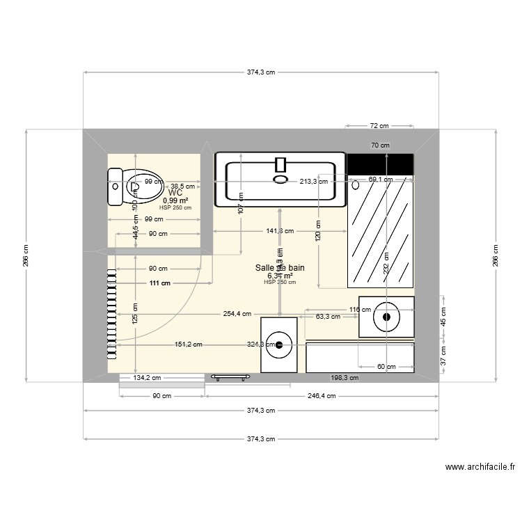 SDB. Plan de 2 pièces et 7 m2