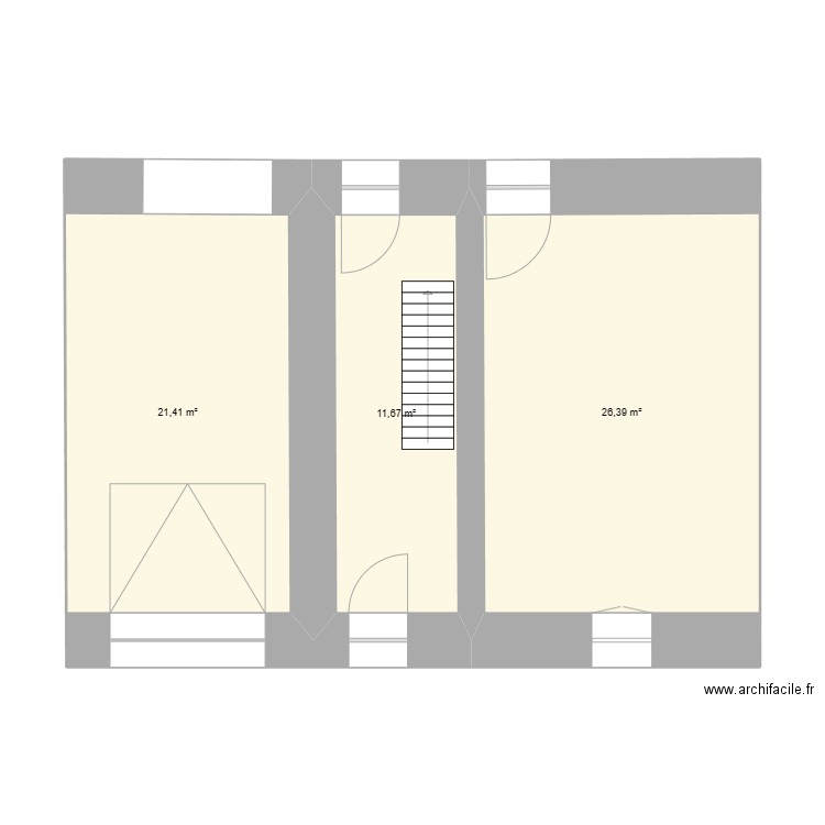 Rez de chaussée. Plan de 3 pièces et 59 m2