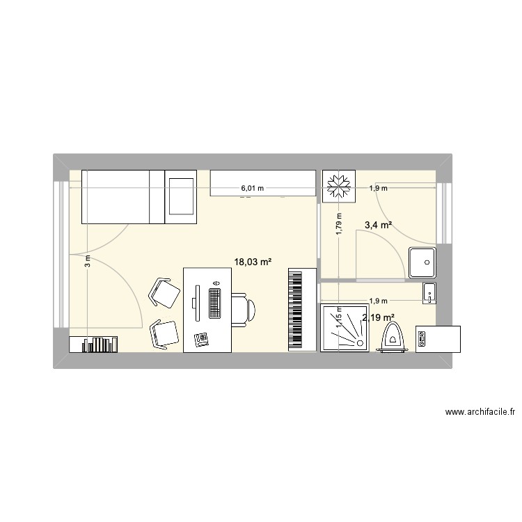 Bureau. Plan de 3 pièces et 24 m2