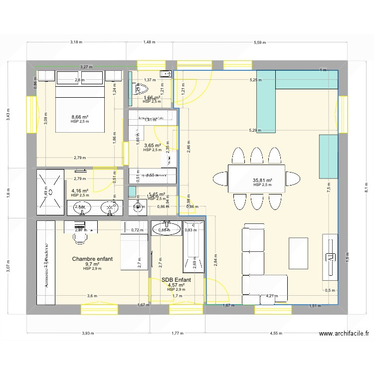 Bellet 14. Plan de 8 pièces et 70 m2