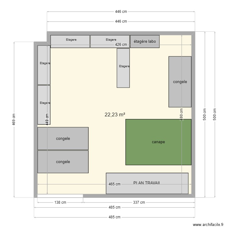 Etage . Plan de 1 pièce et 22 m2