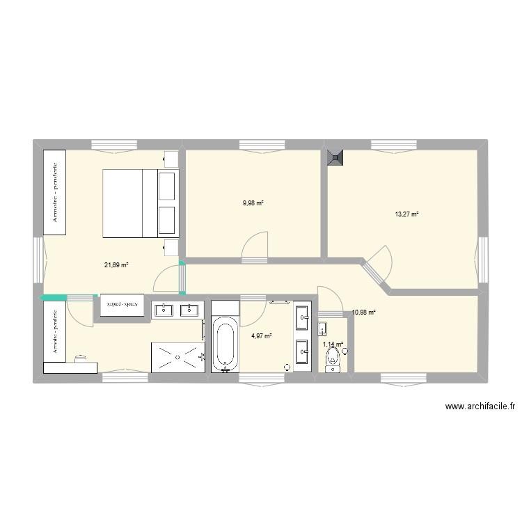 Etage Beauregard changements. Plan de 6 pièces et 62 m2