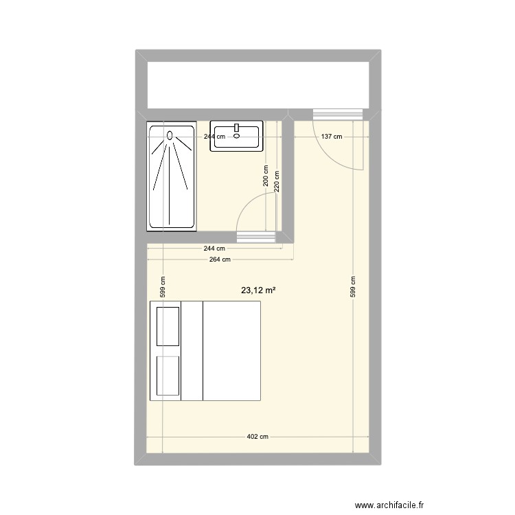 chambre. Plan de 1 pièce et 23 m2