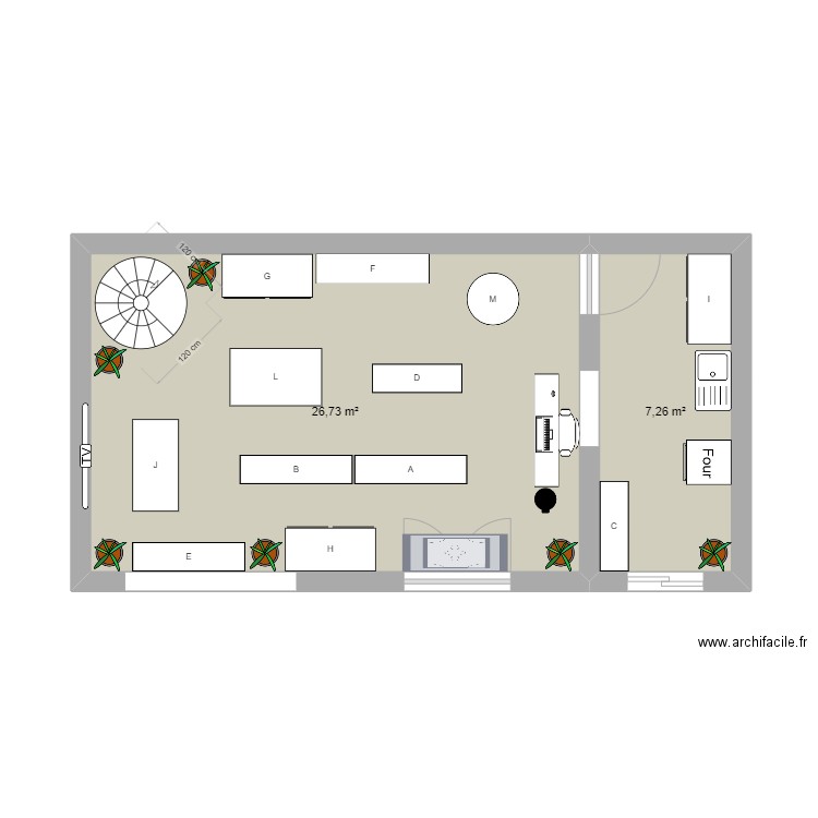 magasin cuisine. Plan de 2 pièces et 34 m2