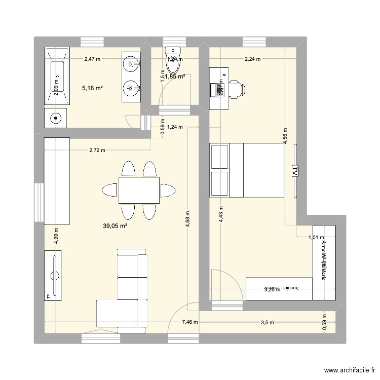 Maison. Plan de 3 pièces et 46 m2