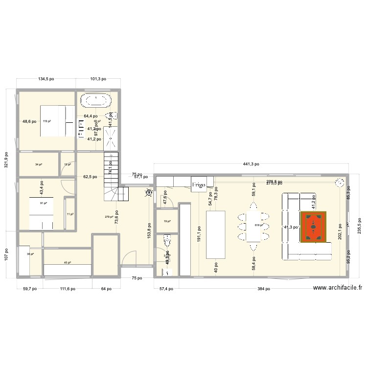 maison trois-castor. Plan de 12 pièces et 129 m2