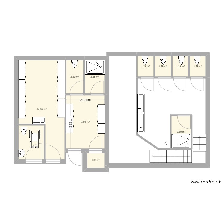 Vestiaires. Plan de 10 pièces et 39 m2