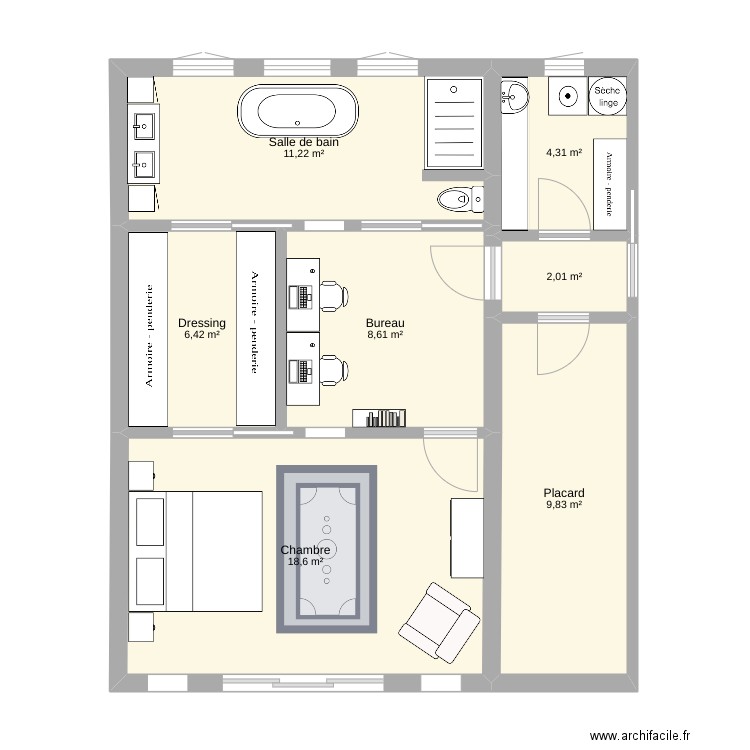 bigénération RDC. Plan de 7 pièces et 61 m2