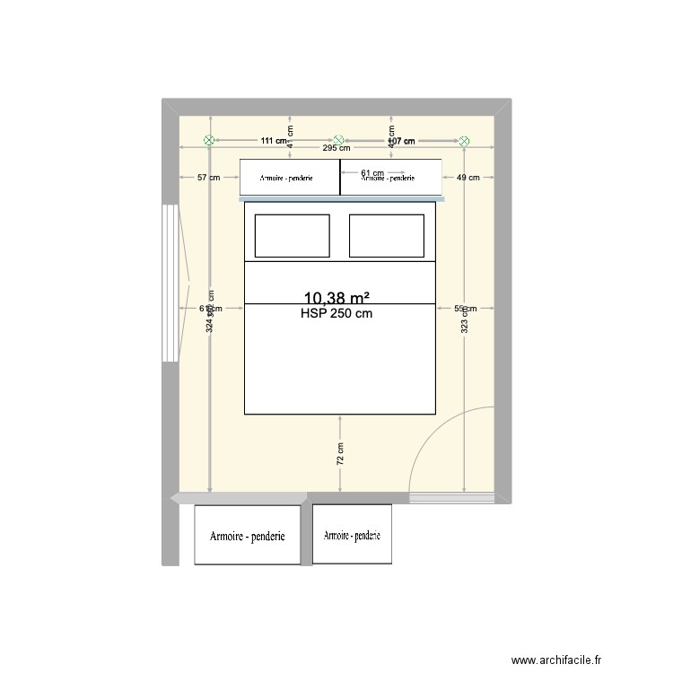 Chambre tête de lit dressing. Plan de 1 pièce et 10 m2