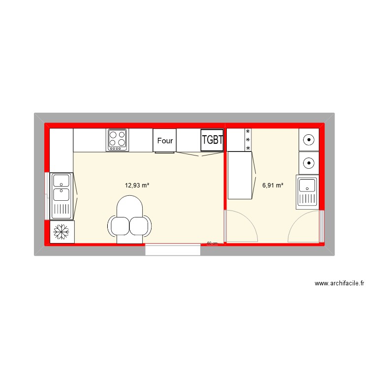 cuisine. Plan de 3 pièces et 42 m2