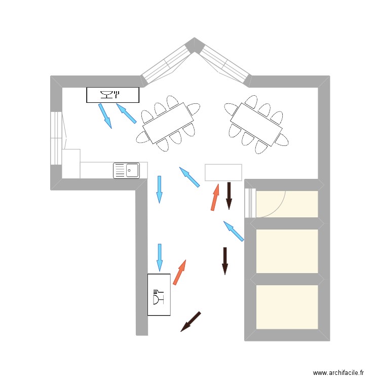 Salle de restauration. Plan de 3 pièces et 4 m2