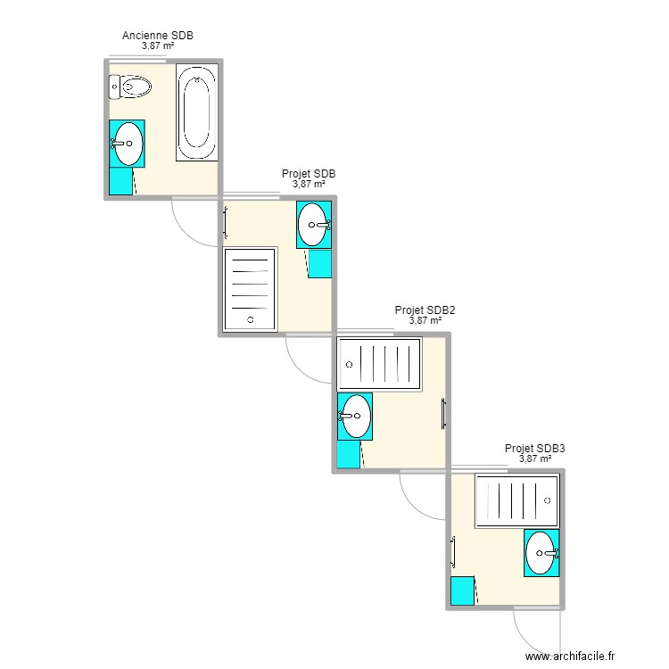 SDB. Plan de 4 pièces et 15 m2