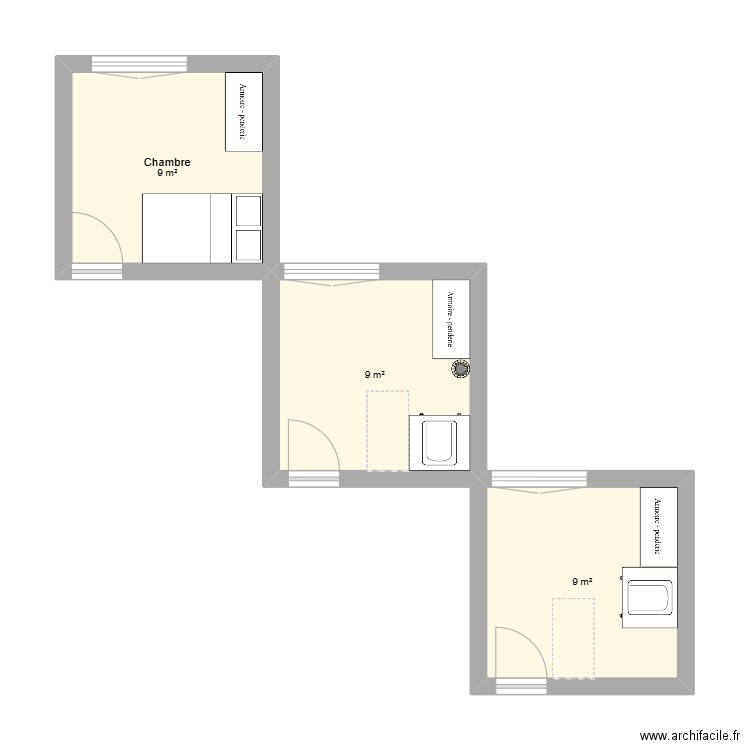 chambre bébé. Plan de 3 pièces et 27 m2