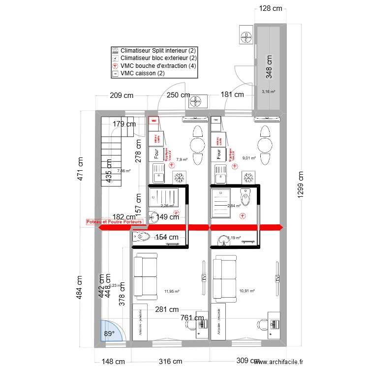 immeuble1 RDC Chauff  V1 2 studios. Plan de 11 pièces et 64 m2