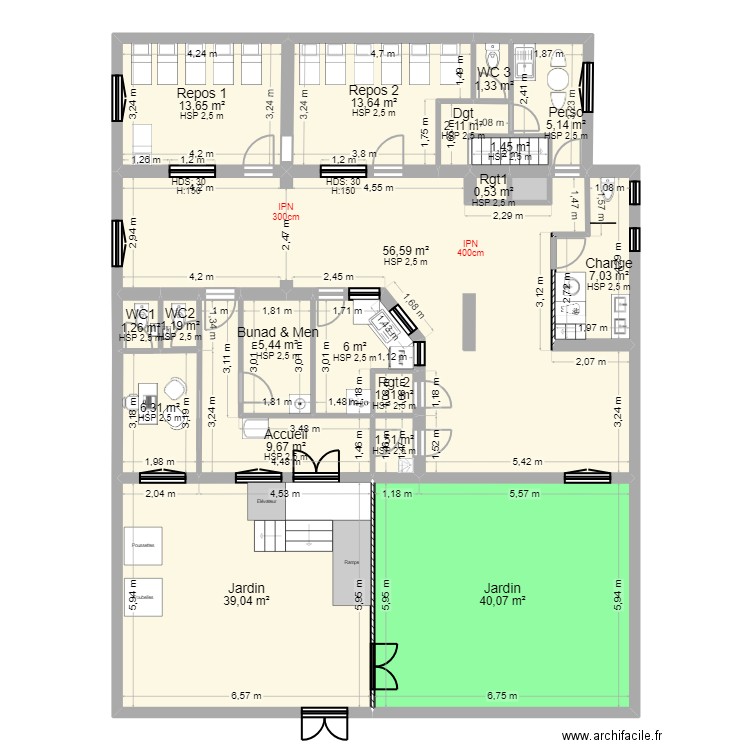 94V75C PROJET ap debut tvx 300824 V1 eau regroupée. Plan de 26 pièces et 301 m2