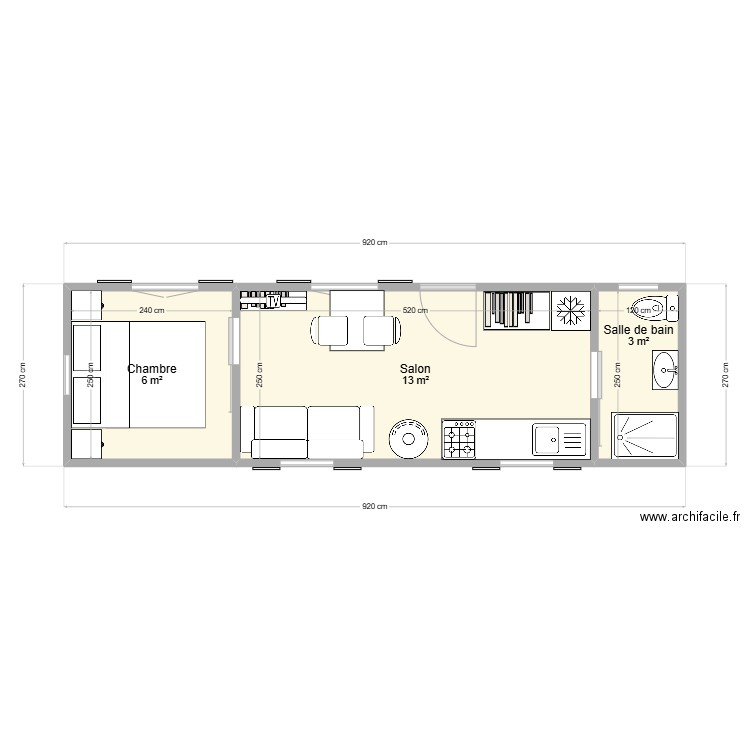 Roulotte. Plan de 3 pièces et 22 m2