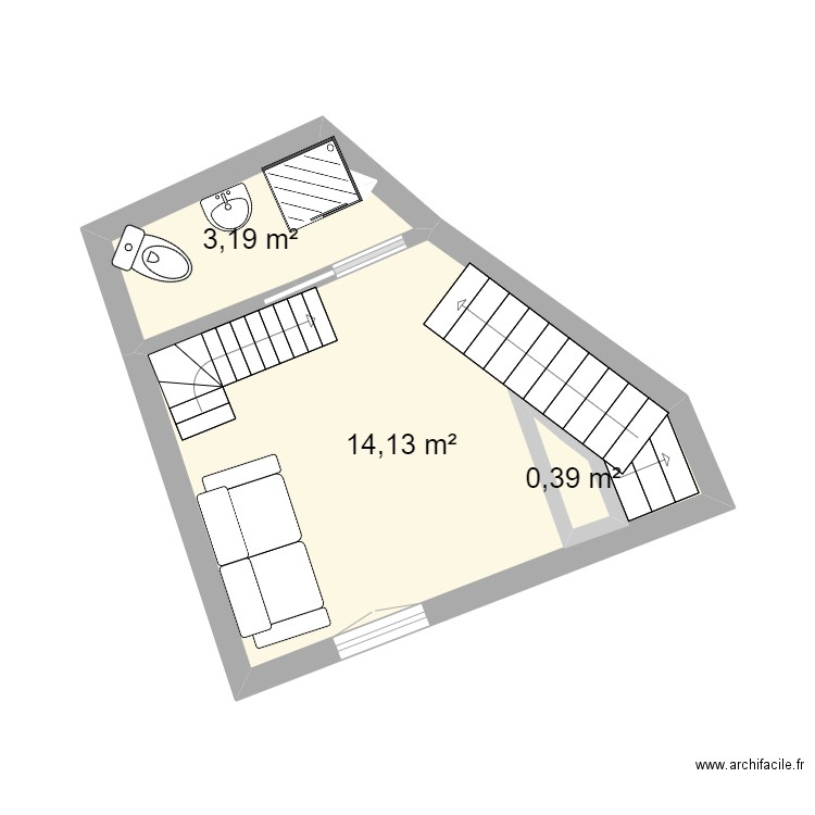 Etage 1 maison villecheneve. Plan de 3 pièces et 19 m2