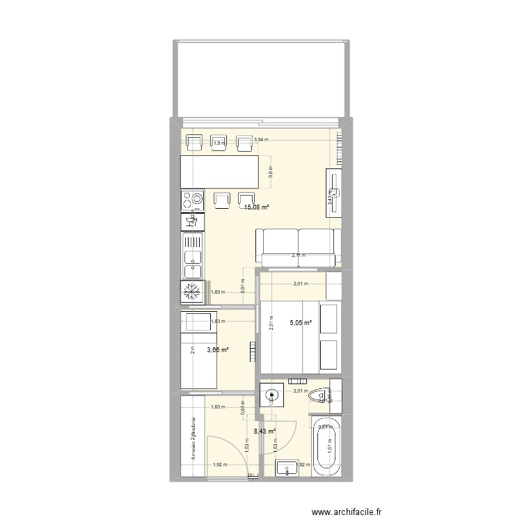 La Touss Cuisine gauche. Plan de 4 pièces et 32 m2