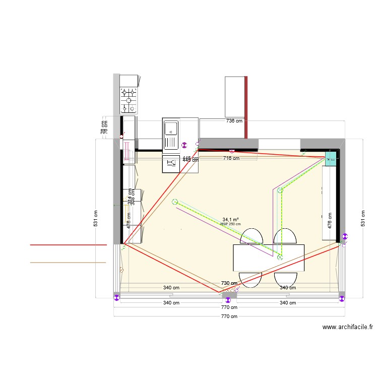 Extension cuisine - 3 Plafonniers et 5 boutons poussoirs. Plan de 1 pièce et 34 m2