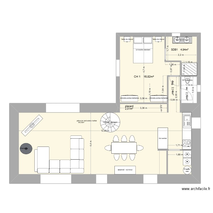 RDC CLOCLO. Plan de 1 pièce et 80 m2