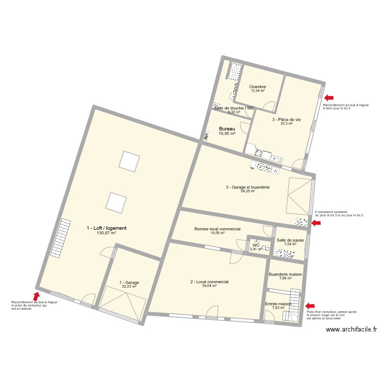 Réseau eau. Plan de 28 pièces et 860 m2