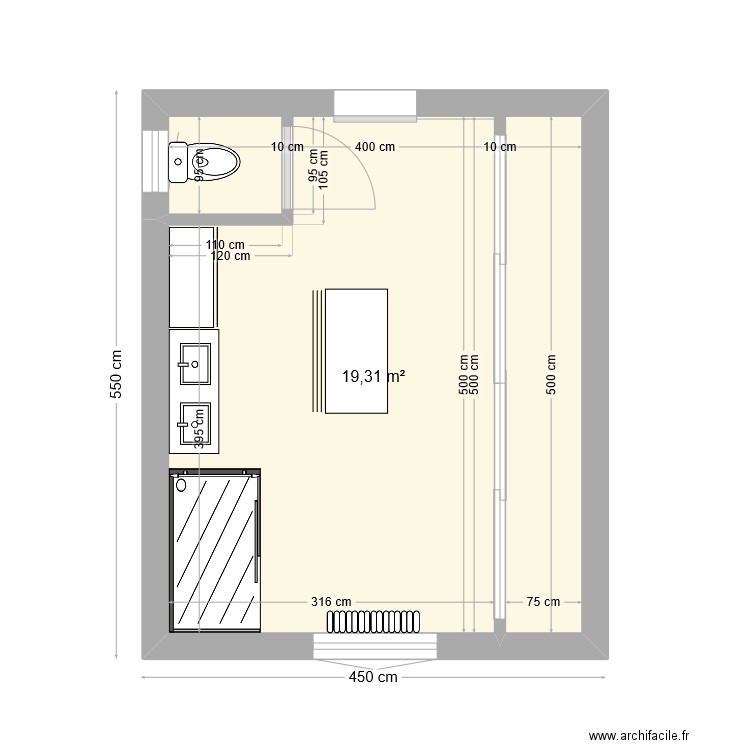 PROJET EXTENSION PM. Plan de 1 pièce et 19 m2