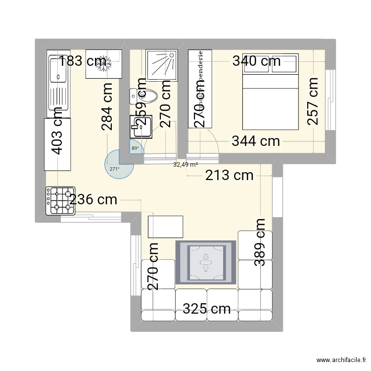 Garçonnière . Plan de 1 pièce et 32 m2