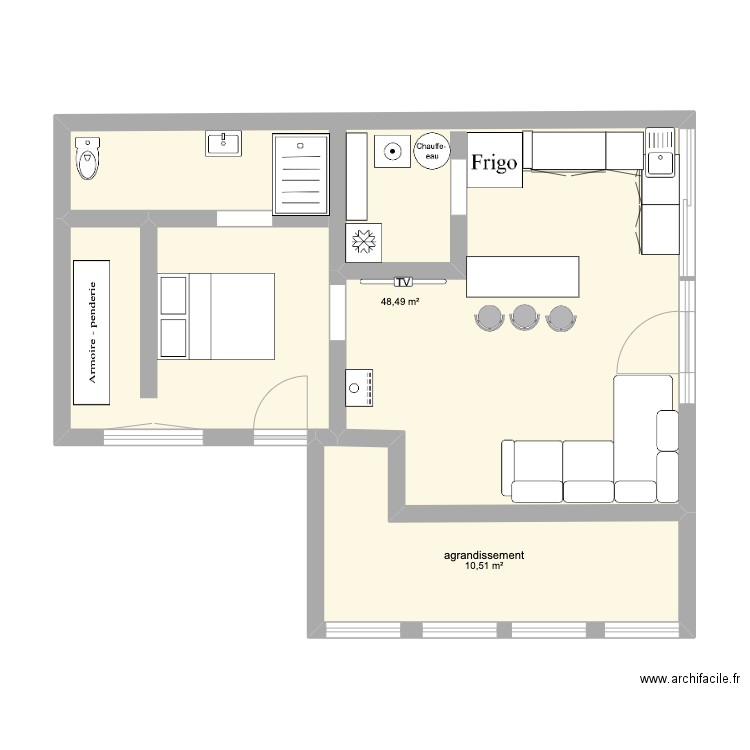 maison marolles. Plan de 2 pièces et 59 m2