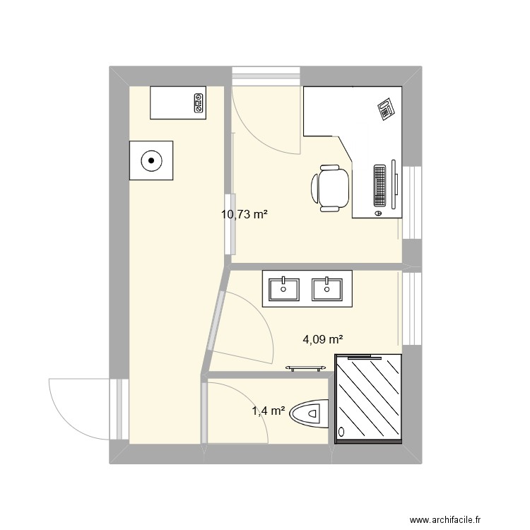 Bureau + Salle de bain gîte. Plan de 3 pièces et 16 m2