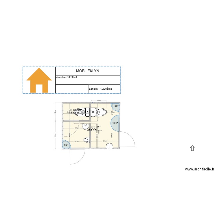 plan cabine CHANTIER CATANA. Plan de 2 pièces et 5 m2