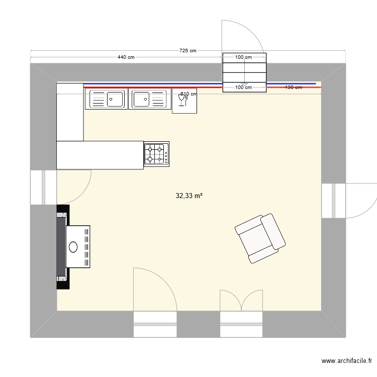 cuisine actuelle. Plan de 1 pièce et 32 m2