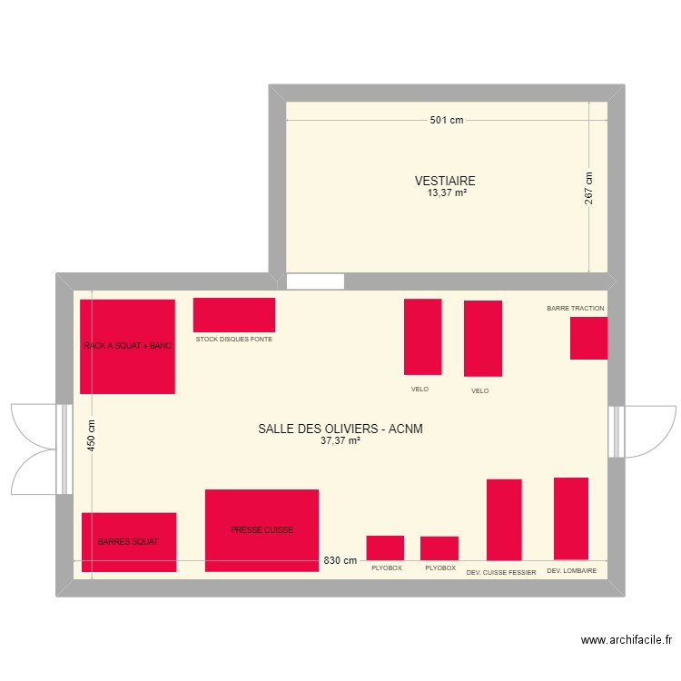 SALLE MUSCULATION. Plan de 2 pièces et 51 m2