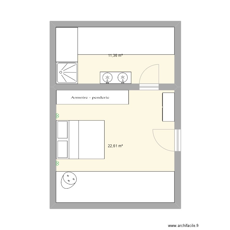 Chambre-SDD (grenier). Plan de 2 pièces et 34 m2